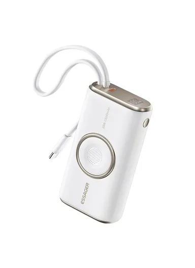 10000mAh Power Bank with Built-in Type-C Cable, Smart Watch Wireless Charger - White