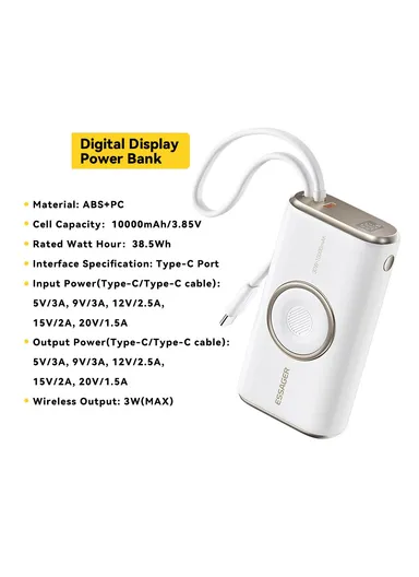 10000mAh Power Bank with Built-in Type-C Cable, Smart Watch Wireless Charger - White