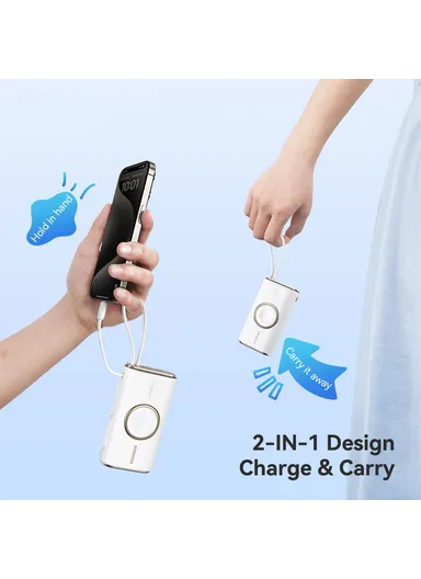 10000mAh Power Bank with Built-in Type-C Cable, Smart Watch Wireless Charger - White