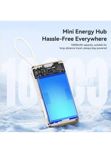10000mAh Power Bank with Built-in Type-C Cable, Smart Watch Wireless Charger - White