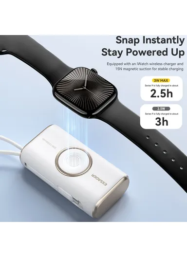10000mAh Power Bank with Built-in Type-C Cable, Smart Watch Wireless Charger - White