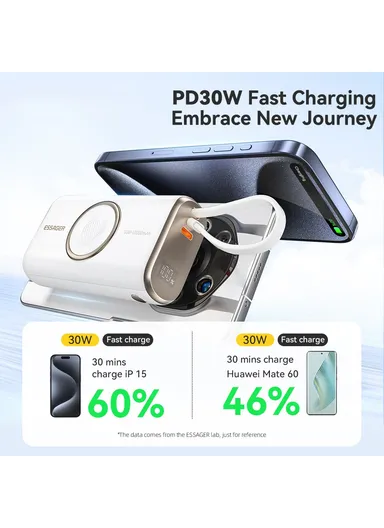 10000mAh Power Bank with Built-in Type-C Cable, Smart Watch Wireless Charger - White