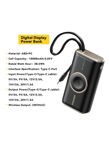 10000mAh Power Bank with Built-in Type-C Cable, Smart Watch Wireless Charger - Black