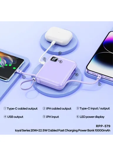 10000mAh 20W+22.5W Portable Power Bank with Built-in Type-C &amp; Lightning Cables, Fast Charging Power Bank Phone Charger RPP-579 - White