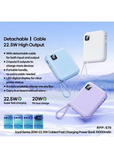 10000mAh 20W+22.5W Portable Power Bank with Built-in Type-C &amp; Lightning Cables, Fast Charging Power Bank Phone Charger RPP-579 - White