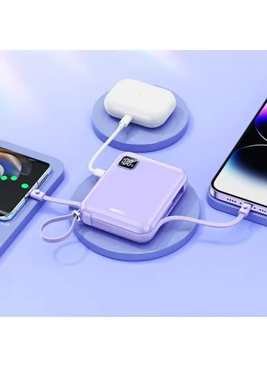 10000mAh 20W+22.5W Portable Power Bank with Built-in Type-C &amp; Lightning Cables, Fast Charging Power Bank Phone Charger RPP-579 - White