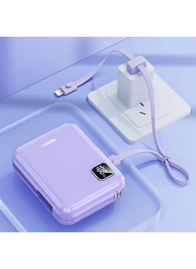 10000mAh 20W+22.5W Portable Power Bank with Built-in Type-C &amp; Lightning Cables, Fast Charging Power Bank Phone Charger RPP-579 - Purple