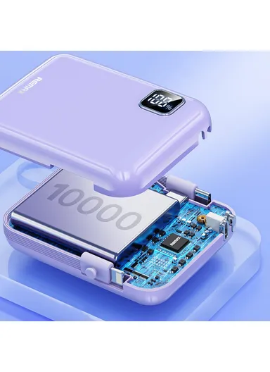 10000mAh 20W+22.5W Portable Power Bank with Built-in Type-C &amp; Lightning Cables, Fast Charging Power Bank Phone Charger RPP-579 - Purple