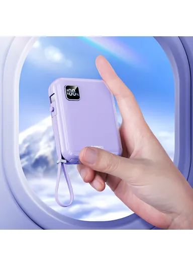10000mAh 20W+22.5W Portable Power Bank with Built-in Type-C &amp; Lightning Cables, Fast Charging Power Bank Phone Charger RPP-579 - Purple