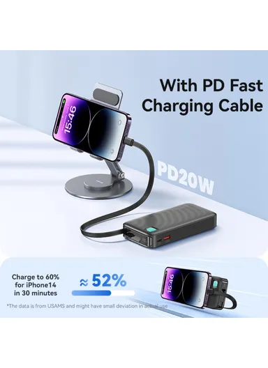 10000mAh 20W Portable LED Display Charger Power Bank, Fast Charging with Built-in Lightning Cable CD225 - Black