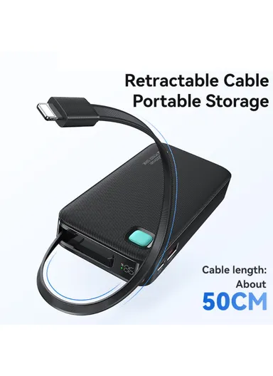 10000mAh 20W Portable LED Display Charger Power Bank, Fast Charging with Built-in Lightning Cable CD225 - Black