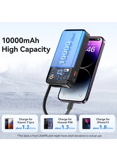 10000mAh 20W Portable LED Display Charger Power Bank, Fast Charging with Built-in Lightning Cable CD225 - Black