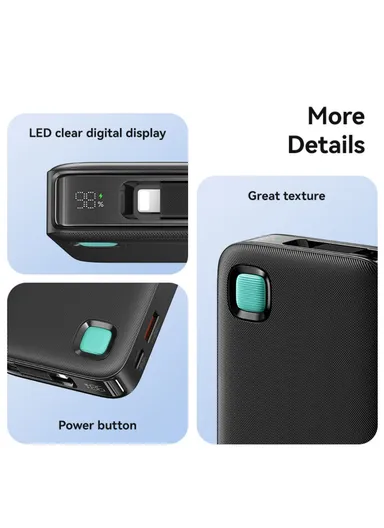 10000mAh 20W Portable LED Display Charger Power Bank, Fast Charging with Built-in Lightning Cable CD225 - Black