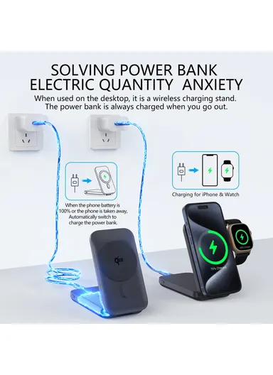 10000mAh 15W Magnetic Multifunctional Round Panel Power Bank Wireless Charger MP05 - Black