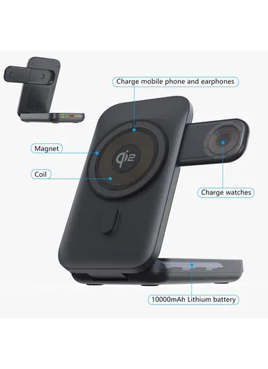 10000mAh 15W Magnetic Multifunctional Round Panel Power Bank Wireless Charger MP05 - Black