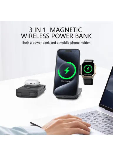 10000mAh 15W Magnetic Multifunctional Round Panel Power Bank Wireless Charger MP05 - Black