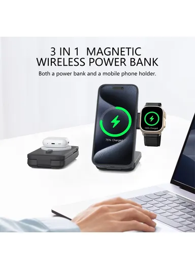 10000mAh 15W Magnetic Multifunctional Round Panel Power Bank Wireless Charger MP05 - White