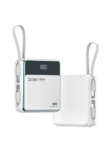 10000mAh 22.5W Portable Power Bank, Fast Charging Battery Charger Built-in Lightning &amp; Type-C Cables E51 - White
