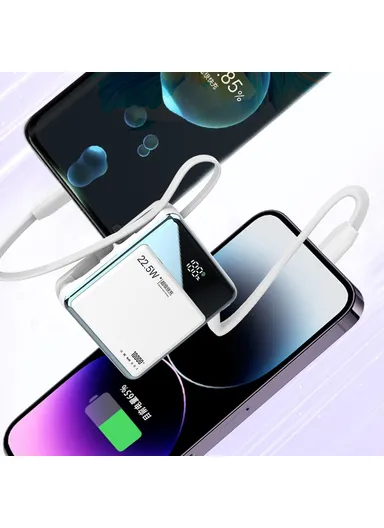 10000mAh 22.5W Portable Power Bank, Fast Charging Battery Charger Built-in Lightning &amp; Type-C Cables E51 - White