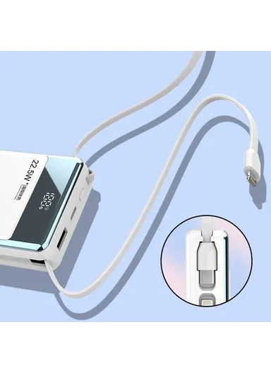 10000mAh 22.5W Portable Power Bank, Fast Charging Battery Charger Built-in Lightning &amp; Type-C Cables E51 - White
