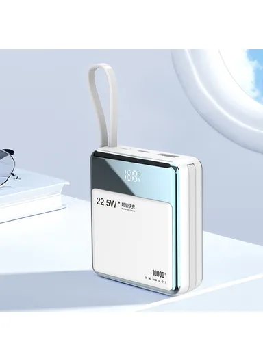 10000mAh 22.5W Portable Power Bank, Fast Charging Battery Charger Built-in Lightning &amp; Type-C Cables E51 - White