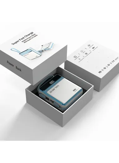 10000mAh 22.5W Portable Power Bank, Fast Charging Battery Charger Built-in Lightning &amp; Type-C Cables E51 - White