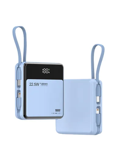 10000mAh 22.5W Portable Power Bank, Fast Charging Battery Charger Built-in Lightning &amp; Type-C Cables E51 - Blue