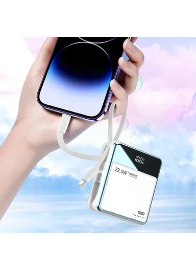 10000mAh 22.5W Portable Power Bank, Fast Charging Battery Charger Built-in Lightning &amp; Type-C Cables E51 - Blue