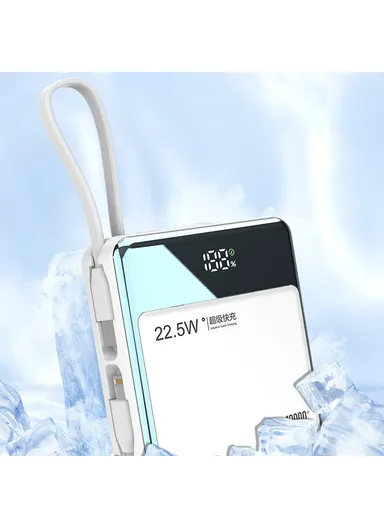 10000mAh 22.5W Portable Power Bank, Fast Charging Battery Charger Built-in Lightning &amp; Type-C Cables E51 - Blue