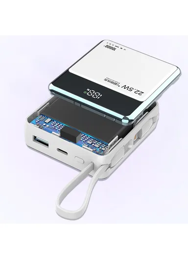 10000mAh 22.5W Portable Power Bank, Fast Charging Battery Charger Built-in Lightning &amp; Type-C Cables E51 - Blue