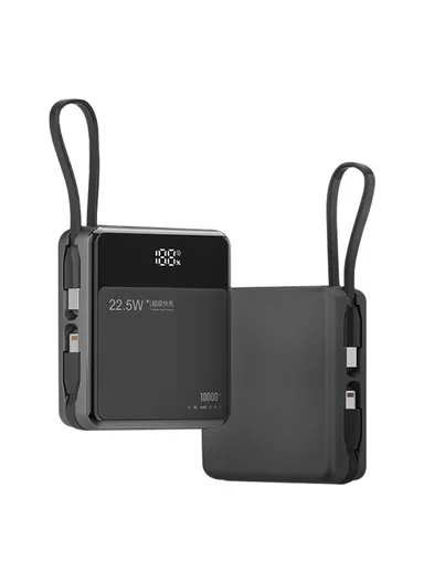 10000mAh 22.5W Portable Power Bank, Fast Charging Battery Charger Built-in Lightning &amp; Type-C Cables E51 - Black