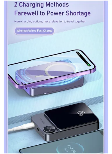 10000mAh Mini Phone Charger Magnetic Wireless Charging Power Bank with Digital Display  P39K - AWEI