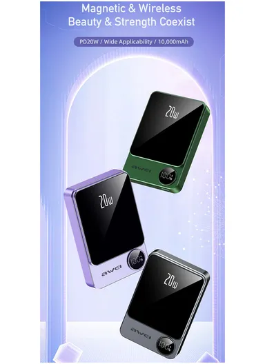 10000mAh Mini Phone Charger Magnetic Wireless Charging Power Bank with Digital Display  P39K - AWEI