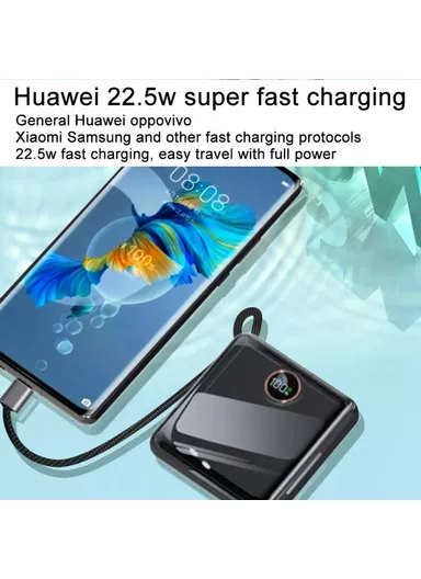 10000mAh 22.5W Power Bank Phone Charger with Built-in Type-C &amp; Lightning Cable E28C - Black