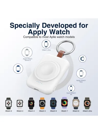1800mAh Portable Apple Watch Series Mini Wireless Charger Power Bank with Ring Buckle A-04 - White