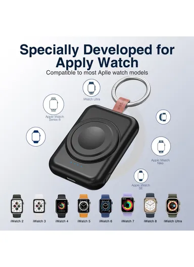 1800mAh Portable Apple Watch Series Mini Wireless Charger Power Bank with Ring Buckle A-04 - Black