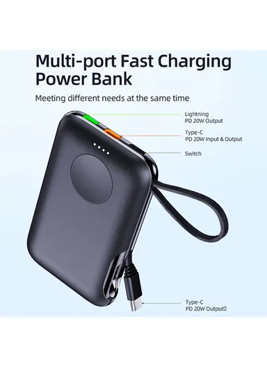 5000mAh 20W Portable Magnetic Smart Watch Wireless Power Bank with Built-in Type-C Cable Phone Charger V11S 