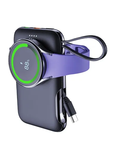 5000mAh 20W Portable Magnetic Smart Watch Wireless Power Bank with Built-in Type-C Cable Phone Charger V11S 