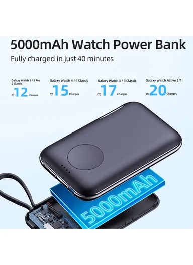 5000mAh 20W Portable Magnetic Smart Watch Wireless Power Bank with Built-in Type-C Cable Phone Charger V11S 