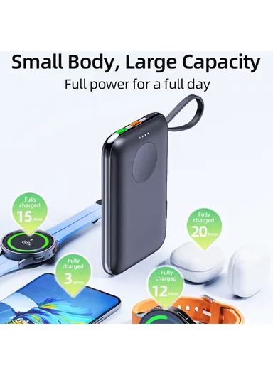 5000mAh 20W Portable Magnetic Smart Watch Wireless Power Bank with Built-in Type-C Cable Phone Charger V11S 