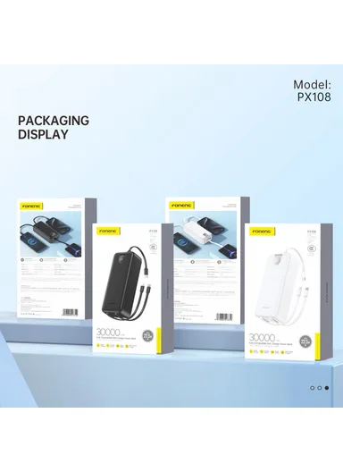 30000mAh 22.5W Portable Fast Charging Power Bank with Built-In 3 Cables PX108 - White