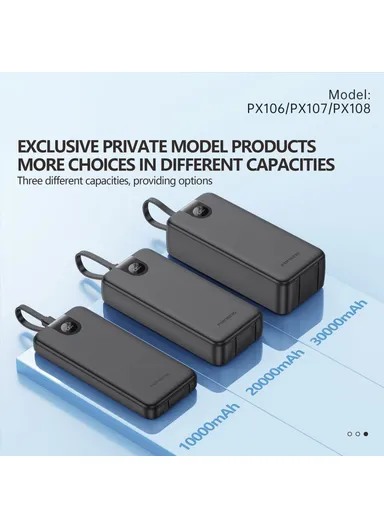 30000mAh 22.5W Portable Fast Charging Power Bank with Built-In 3 Cables PX108 - White