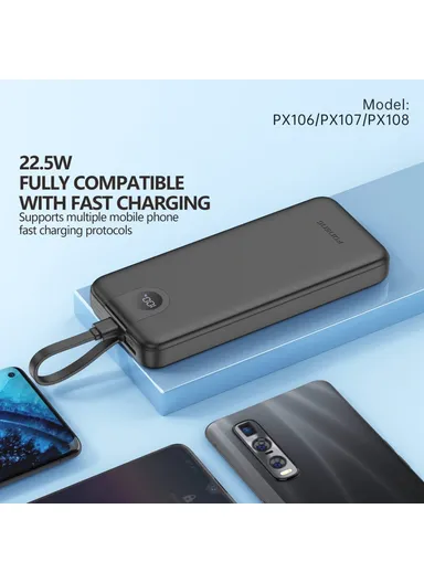 30000mAh 22.5W Portable Fast Charging Power Bank with Built-In 3 Cables PX108 - White