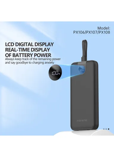 30000mAh 22.5W Portable Fast Charging Power Bank with Built-In 3 Cables PX108 - White