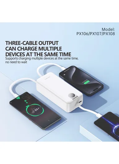 30000mAh 22.5W Portable Fast Charging Power Bank with Built-In 3 Cables PX108 - White