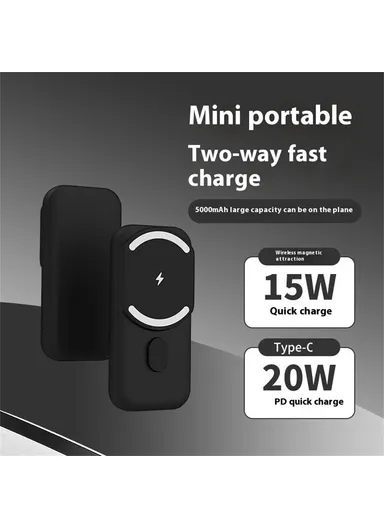 5000mAh 15W/20W Portable Mini Magnetic Wireless Charging Power Bank L2A - Black