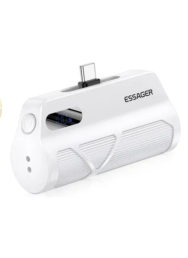 5000mAh Dual Plugs Power Bank, Digital Display Phone Charger with Type-C &amp; Lightning Plugs - White