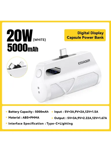 5000mAh Dual Plugs Power Bank, Digital Display Phone Charger with Type-C &amp; Lightning Plugs - White