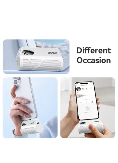 5000mAh Dual Plugs Power Bank, Digital Display Phone Charger with Type-C &amp; Lightning Plugs - White