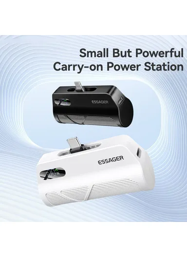 5000mAh Dual Plugs Power Bank, Digital Display Phone Charger with Type-C &amp; Lightning Plugs - White